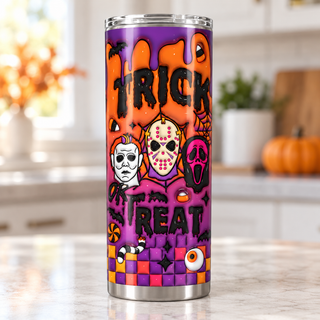 Trick or Treat: horror masks on orange-purple — single tumbler in a kitchen setting