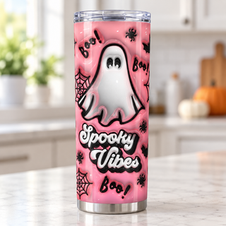 Spooky Vibes: white ghost and webs on pink — single tumbler in a kitchen setting