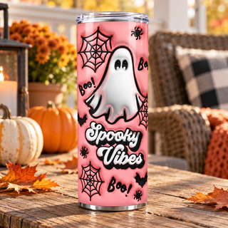 Spooky Vibes: white ghost and webs on pink — single tumbler in a porch setting