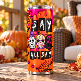 Slay All Day: horror masks — single tumbler in a porch setting