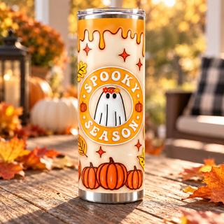 Illustrative lifestyle mockup of Spooky Season: white ghosts and pumpkins | Halloween Sublimation Tumbler. Finished item may vary slightly.