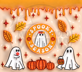 Full flat Halloween design 17 with a light semi-transparent MidniteRodeo Designs logo watermark; artwork preview only, one physical tumbler per purchase.