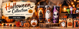 MidniteRodeo Designs Halloween Collection featuring handcrafted tumblers, straw toppers, gift tags, and seasonal crafts